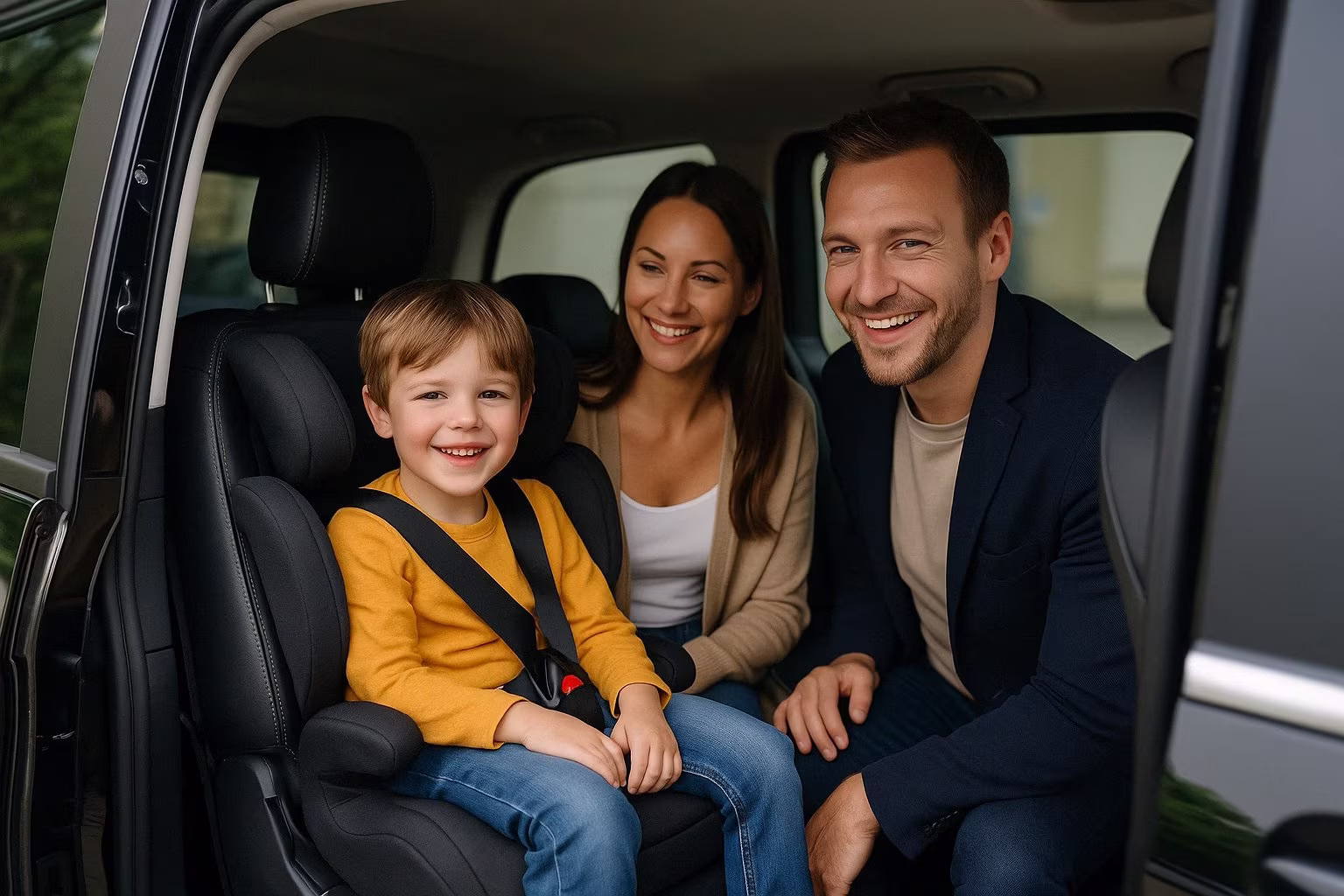 Famille heureuse avec enfants dans un VTC de luxe Lajoieway à Paris avec siège auto homologué i-Size
