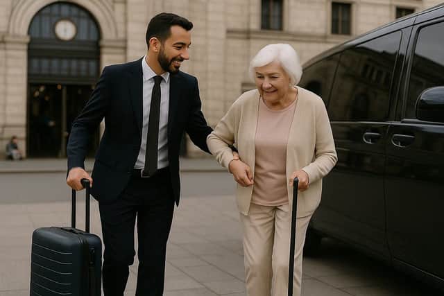 Lajoieway driver helping a senior person in front of a historic building in Paris