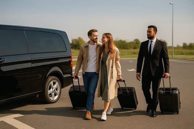 Couple avec chauffeur privé Lajoieway faisant une pause sur aire d'autoroute - Trajet longue distance en France