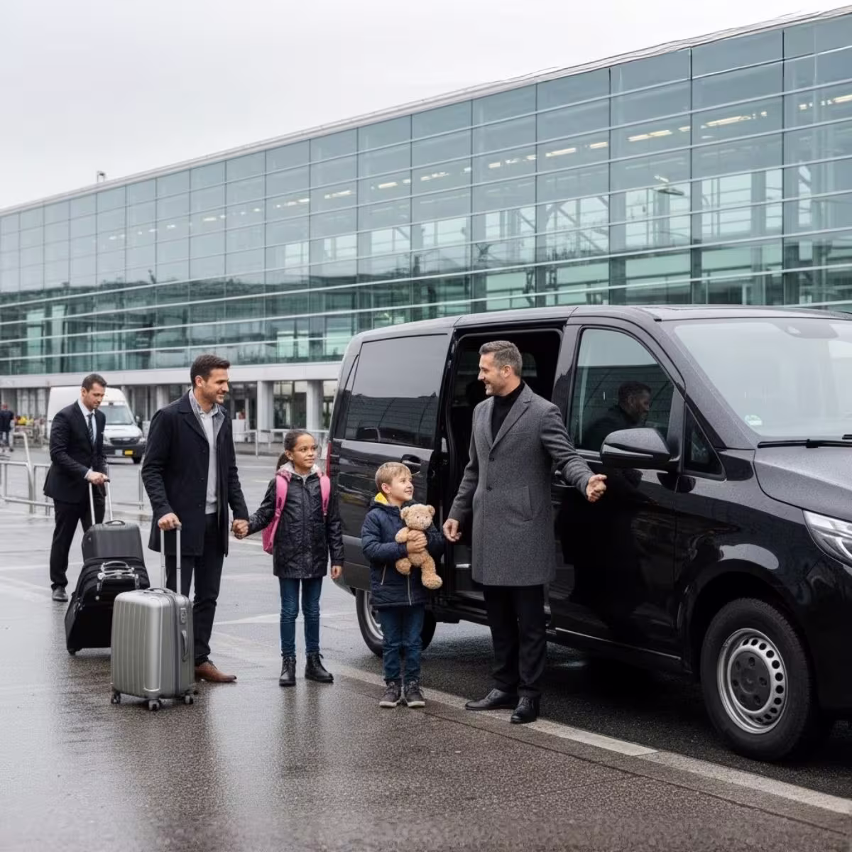 Famille avec enfants accueillie à l'aéroport CDG Paris par chauffeur VTC Lajoieway avec siège bébé