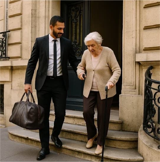 Chauffeur privé Lajoieway assistant une dame âgée à descendre les escaliers avec sa canne et ses bagages - Service VTC senior Paris