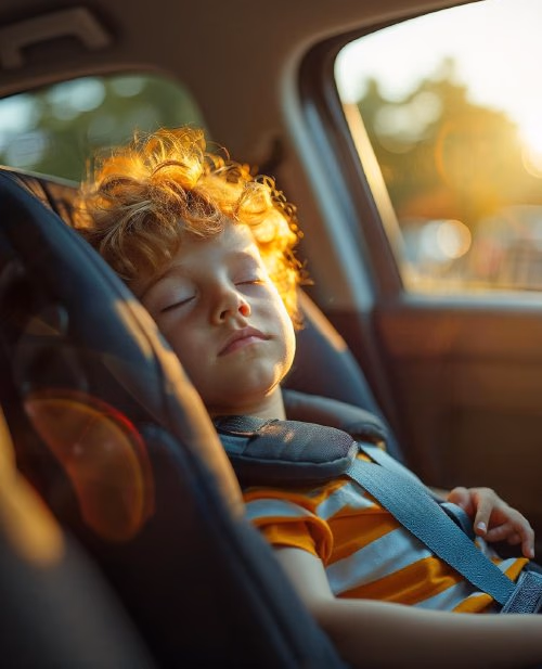 Enfant dormant paisiblement dans un siège auto homologué i-Size dans un VTC Lajoieway à Paris