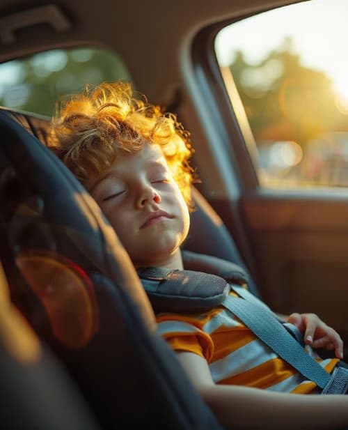 Child sleeping in certified car seat