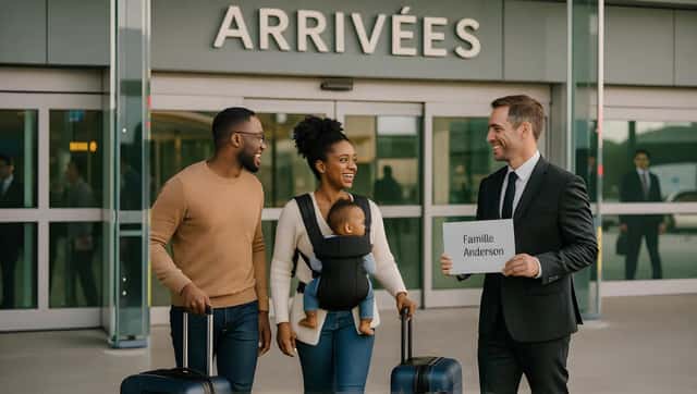 Chauffeur VTC Lajoieway accueillant une famille avec pancarte nominative à l'aéroport Paris CDG