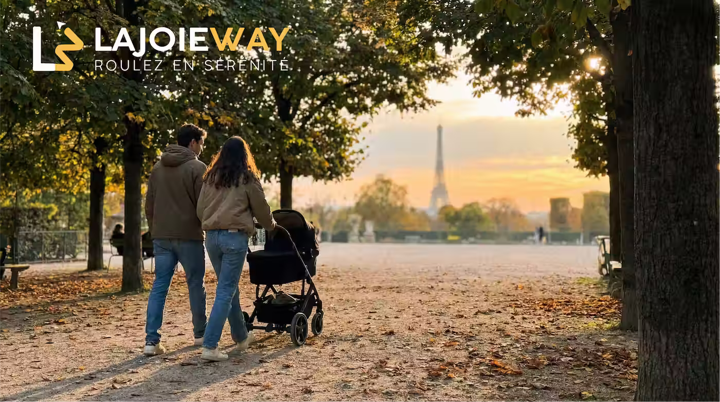 Famille avec bébé visitant Paris devant les monuments parisiens