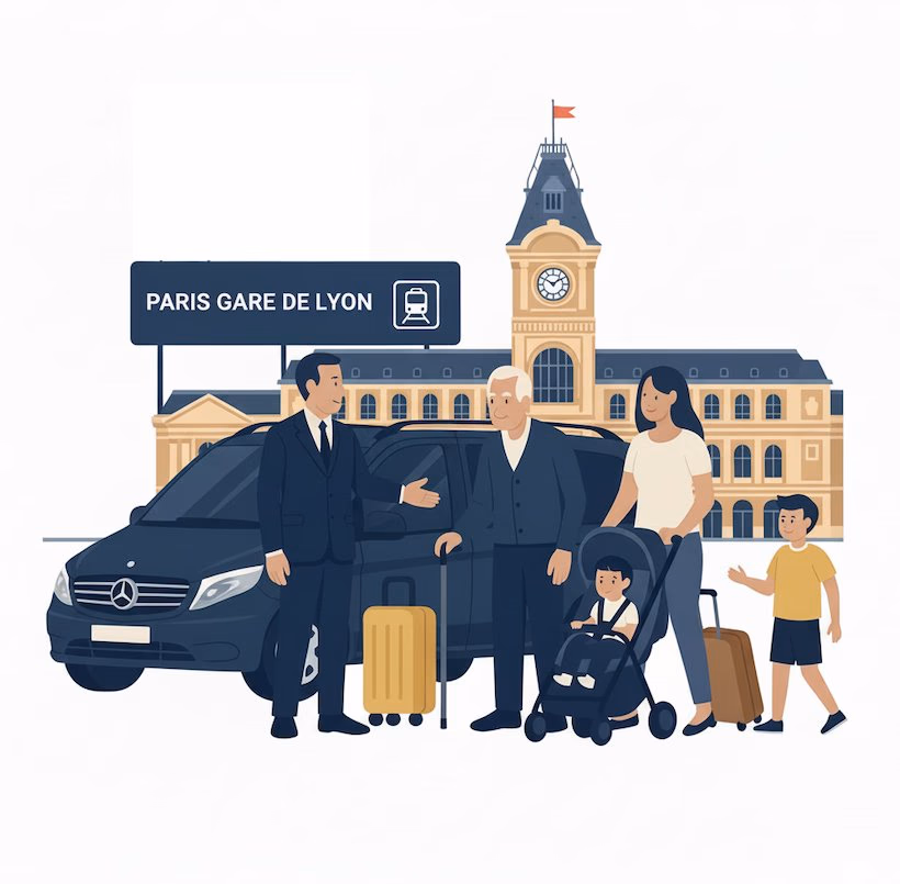 Famille avec enfants à la Gare de Lyon Paris avec chauffeur VTC Lajoieway et siège bébé