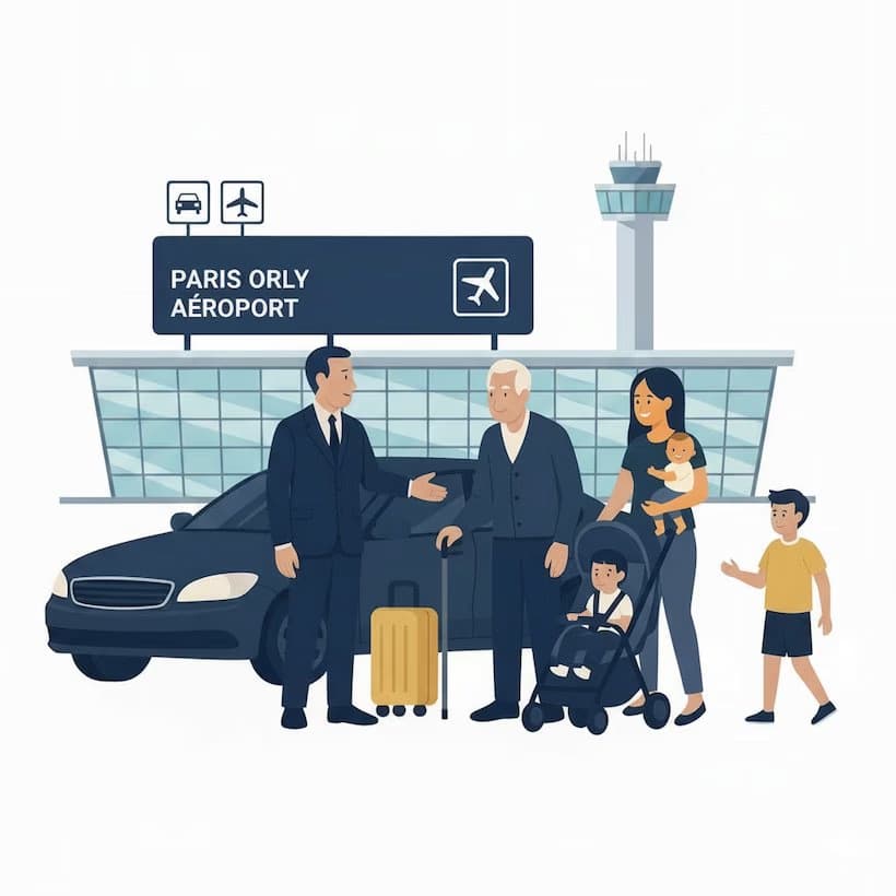 Famille avec bébé arrivant à l'aéroport Orly Paris en VTC Lajoieway avec siège auto gratuit