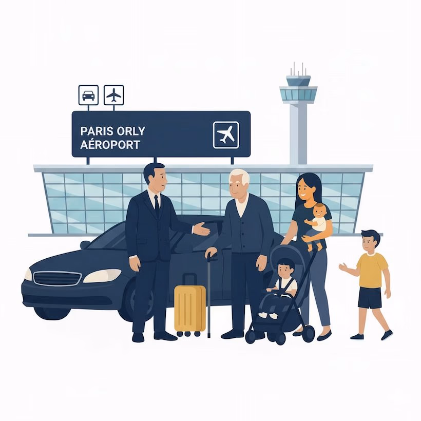 Famille avec bébé arrivant à l'aéroport Orly Paris en VTC Lajoieway avec siège auto gratuit
