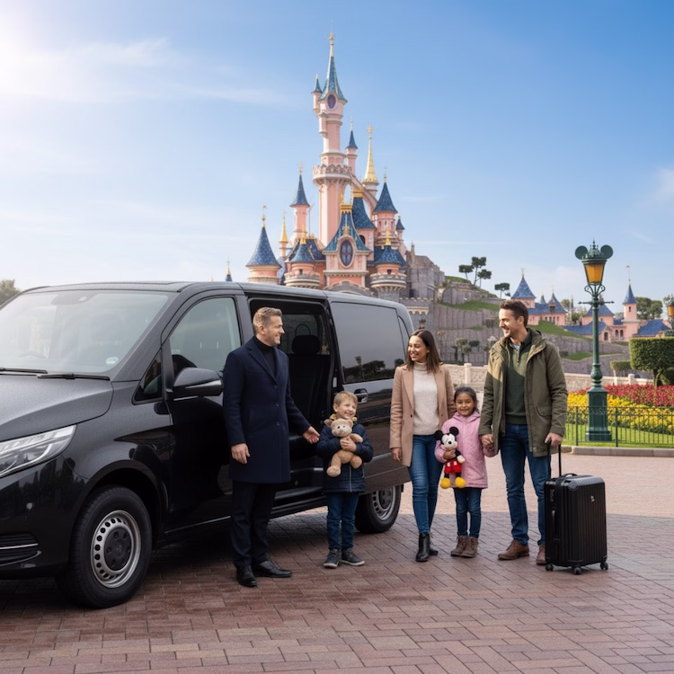 Famille sortant de Disneyland Paris avec chauffeur VTC Lajoieway et siège auto pour enfant