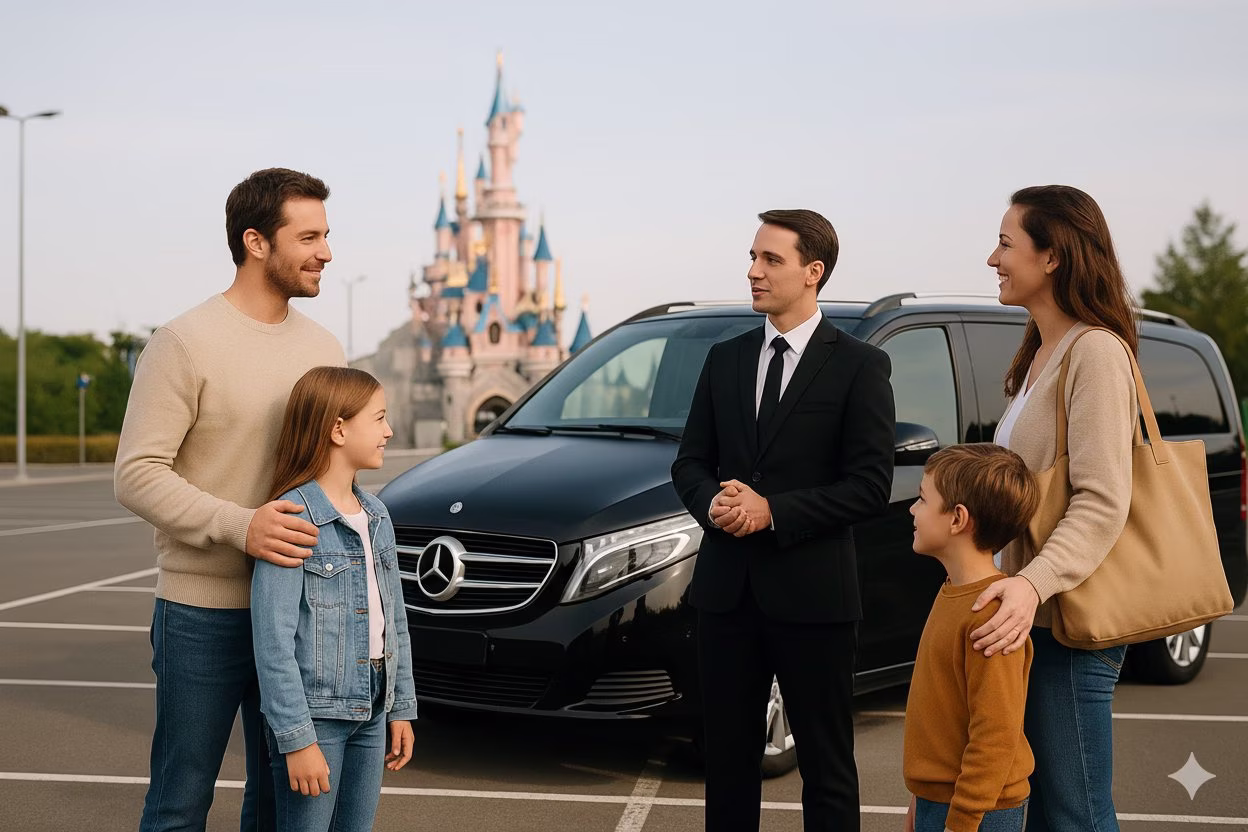 Famille avec enfants devant Disneyland Paris après transfert VTC Lajoieway avec siège bébé gratuit