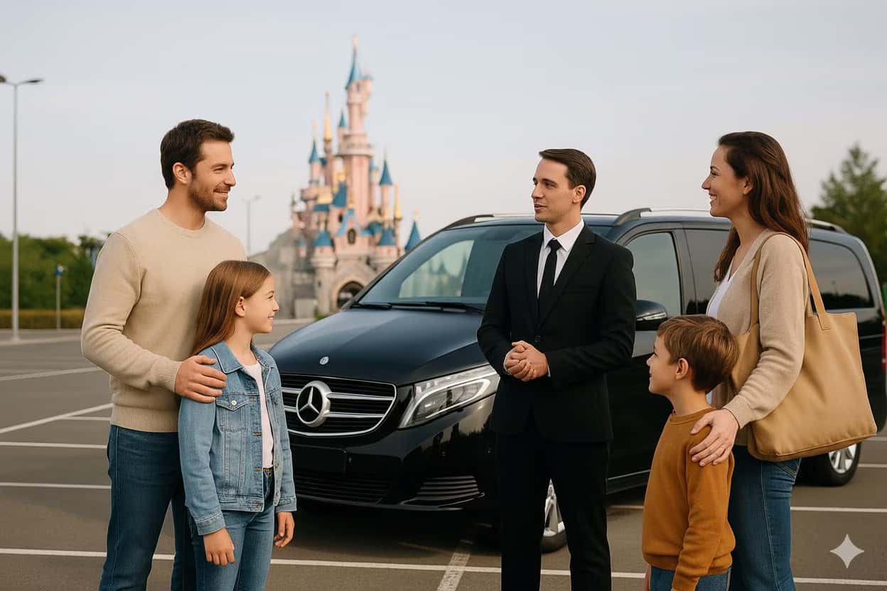 Famille avec enfants devant Disneyland Paris après transfert VTC Lajoieway avec siège bébé gratuit