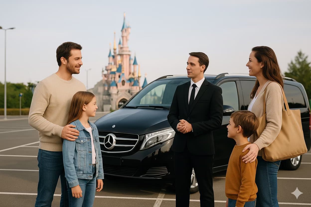 Famille avec enfants devant le château de la Belle au Bois Dormant à Disneyland Paris après transfert en VTC Lajoieway avec siège auto