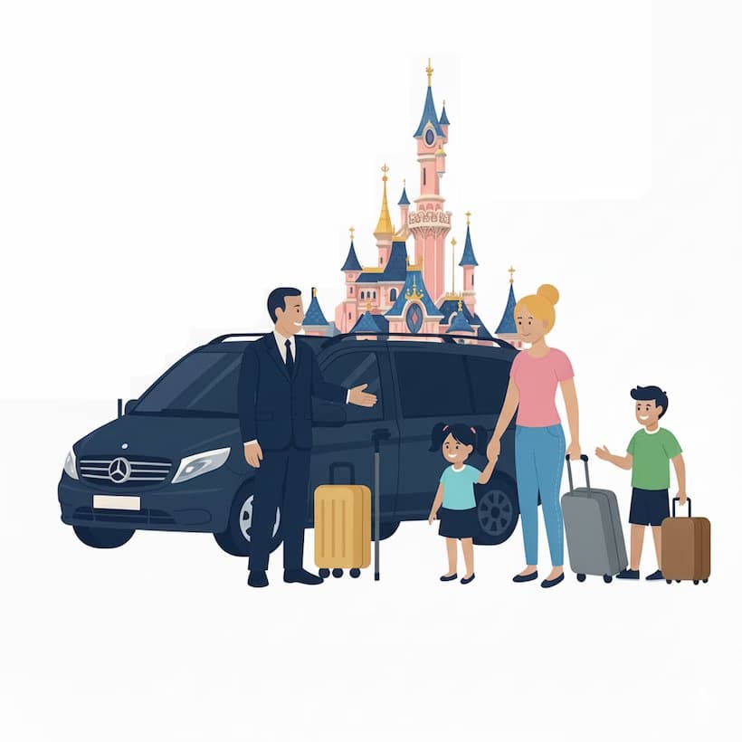Famille heureuse devant Disneyland Paris après transfert VTC Lajoieway avec siège enfant