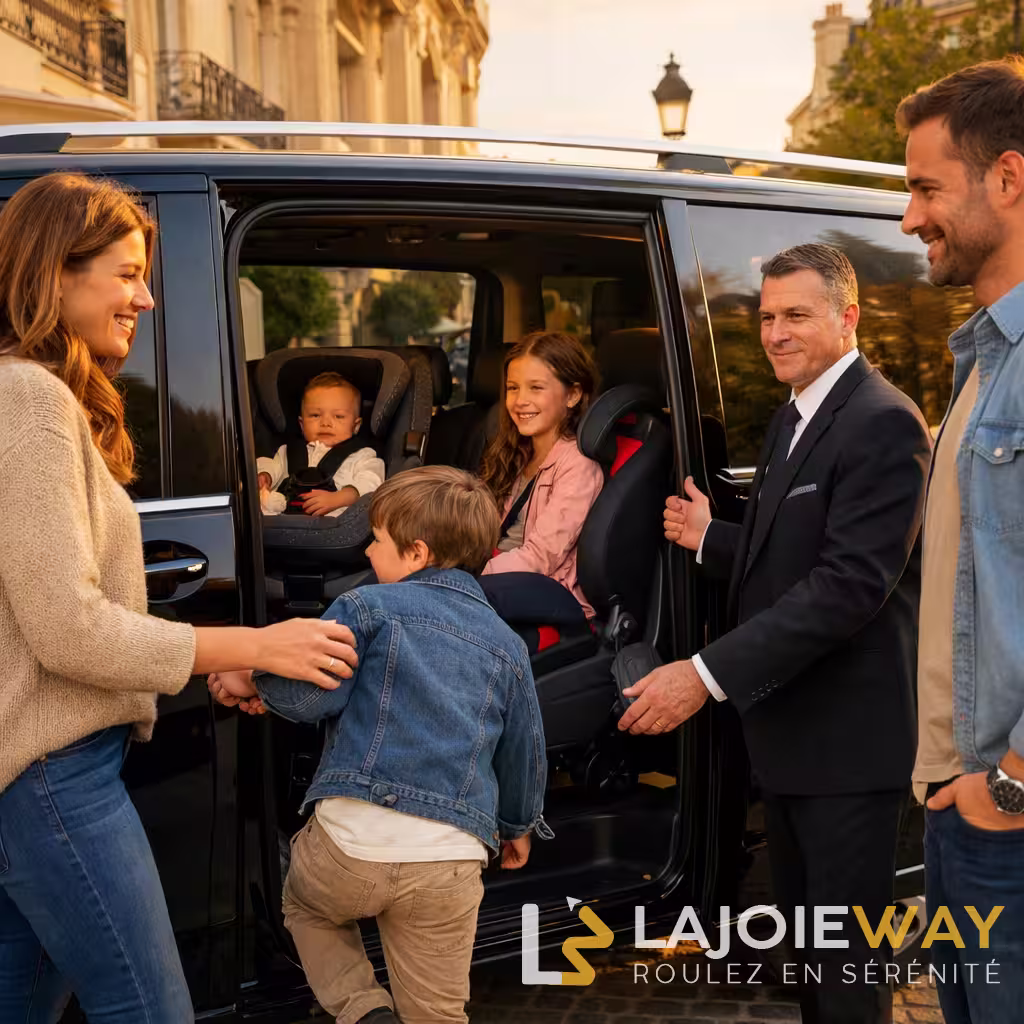 Family van journey with car seat