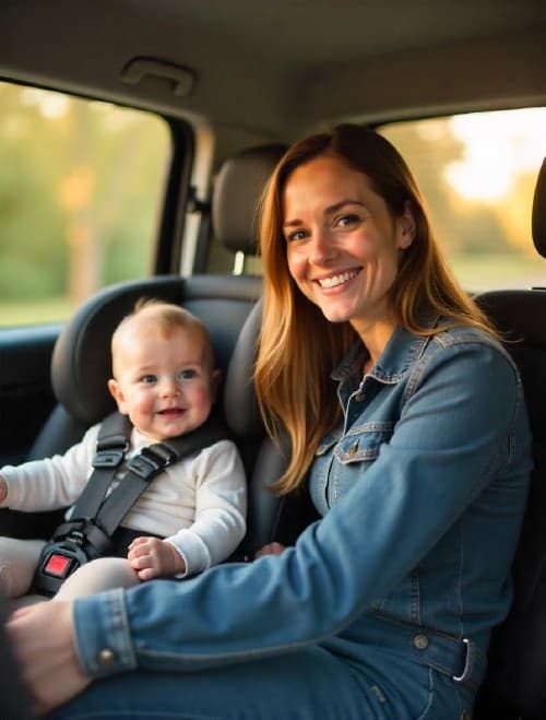 Happy mother with baby in car seat