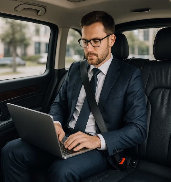 Homme d'affaires travaillant avec Wi-Fi dans un VTC business Lajoieway à Paris