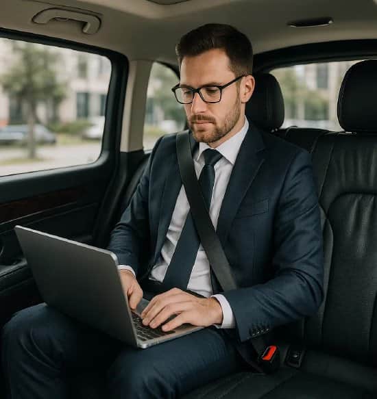 Homme d'affaires travaillant avec Wi-Fi dans un VTC business Lajoieway à Paris