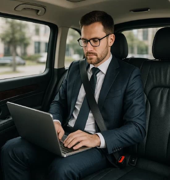 Homme d'affaires travaillant sur son laptop avec Wi-Fi dans un VTC Lajoieway - Transport professionnel Paris