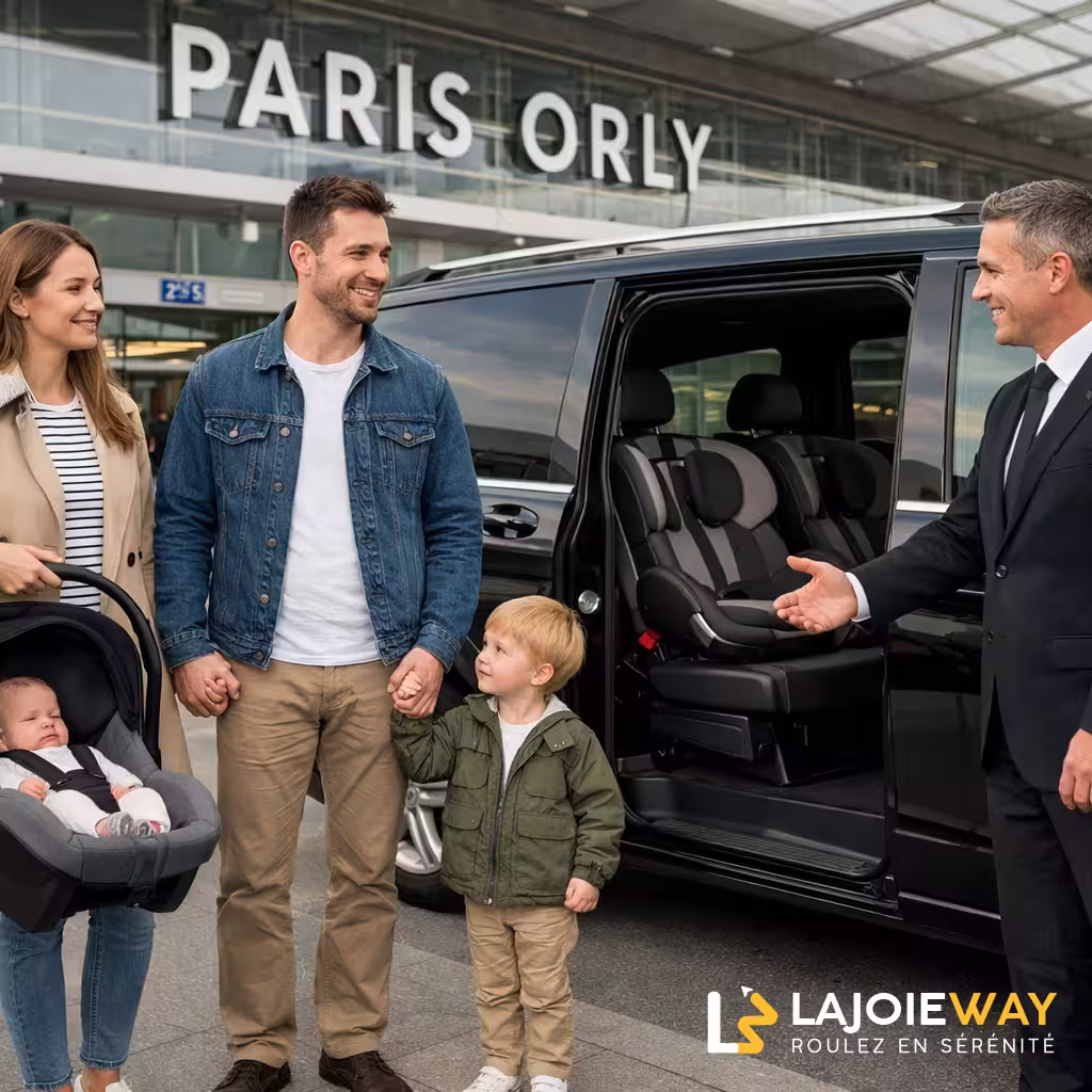 Lajoieway chauffeur welcomes a family at a Paris airport