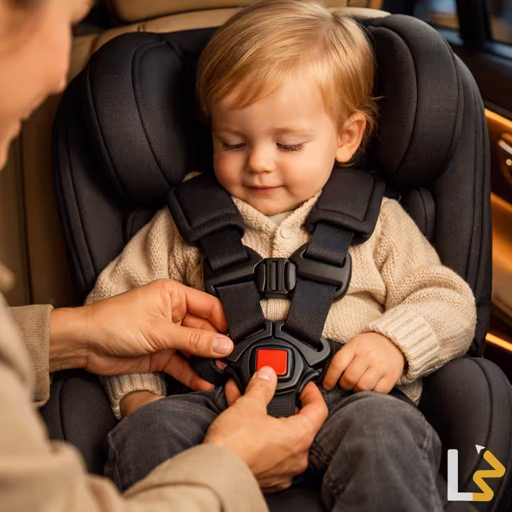 Toddler safely secured in car seat