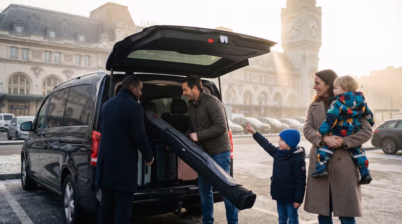 Famille avec enfants et bagages de ski devant un VTC Mercedes Classe V à la Gare de Lyon